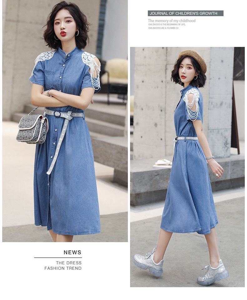 ĐẦM JEAN XÒE CỔ TRỤ PHỐI TAY REN TRẮNG